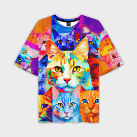 Мужская футболка oversize 3D с принтом Яркие разноцветные коты ,  |  | 