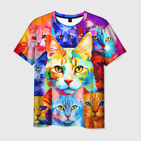 Мужская футболка 3D с принтом Яркие разноцветные коты , 100% полиэфир | прямой крой, круглый вырез горловины, длина до линии бедер | 