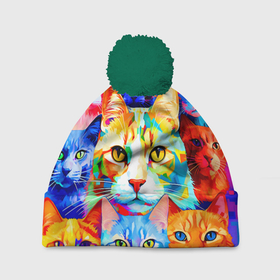 Шапка 3D c помпоном с принтом Яркие разноцветные коты , 100% полиэстер | универсальный размер, печать по всей поверхности изделия | 