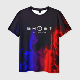 Мужская футболка 3D с принтом Ghost of Tsushima неоновый огонь , 100% полиэфир | прямой крой, круглый вырез горловины, длина до линии бедер | 
