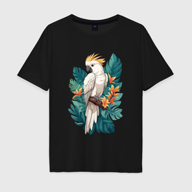 Мужская футболка хлопок Oversize с принтом Попугай какаду и тропические листья в Петрозаводске, 100% хлопок | свободный крой, круглый ворот, “спинка” длиннее передней части | 