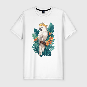 Мужская футболка хлопок Slim с принтом Попугай какаду и тропические листья в Новосибирске, 92% хлопок, 8% лайкра | приталенный силуэт, круглый вырез ворота, длина до линии бедра, короткий рукав | 