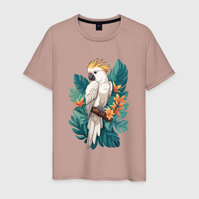 Мужская футболка хлопок с принтом Попугай какаду и тропические листья в Новосибирске, 100% хлопок | прямой крой, круглый вырез горловины, длина до линии бедер, слегка спущенное плечо. | 