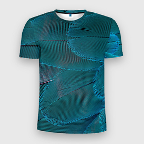 Мужская футболка 3D Slim с принтом Зеленые перья птицы в Тюмени, 100% полиэстер с улучшенными характеристиками | приталенный силуэт, круглая горловина, широкие плечи, сужается к линии бедра | Тематика изображения на принте: 