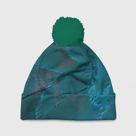 Шапка 3D c помпоном с принтом Зеленые перья птицы в Тюмени, 100% полиэстер | универсальный размер, печать по всей поверхности изделия | 