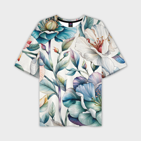 Мужская футболка oversize 3D с принтом Крупные цветы и листья в акварельной технике в Петрозаводске,  |  | 