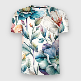 Мужская футболка 3D Slim с принтом Крупные цветы и листья в акварельной технике в Новосибирске, 100% полиэстер с улучшенными характеристиками | приталенный силуэт, круглая горловина, широкие плечи, сужается к линии бедра | 