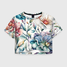 Женская футболка Crop-top 3D с принтом Крупные цветы и листья в акварельной технике в Белгороде, 100% полиэстер | круглая горловина, длина футболки до линии талии, рукава с отворотами | Тематика изображения на принте: 