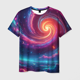 Мужская футболка 3D с принтом Яркая неоновая галактика   нейросеть в Белгороде, 100% полиэфир | прямой крой, круглый вырез горловины, длина до линии бедер | 