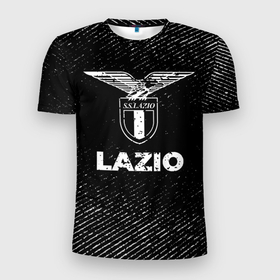 Мужская футболка 3D Slim с принтом Lazio с потертостями на темном фоне в Петрозаводске, 100% полиэстер с улучшенными характеристиками | приталенный силуэт, круглая горловина, широкие плечи, сужается к линии бедра | 