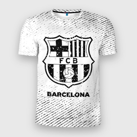 Мужская футболка 3D Slim с принтом Barcelona с потертостями на светлом фоне в Тюмени, 100% полиэстер с улучшенными характеристиками | приталенный силуэт, круглая горловина, широкие плечи, сужается к линии бедра | Тематика изображения на принте: 
