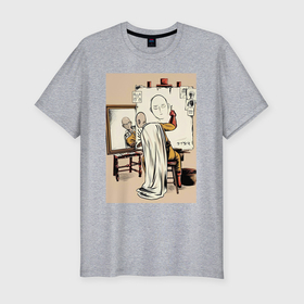 Мужская футболка хлопок Slim с принтом Ванпанчмен Сайтама рисует в Кировске, 92% хлопок, 8% лайкра | приталенный силуэт, круглый вырез ворота, длина до линии бедра, короткий рукав | Тематика изображения на принте: 