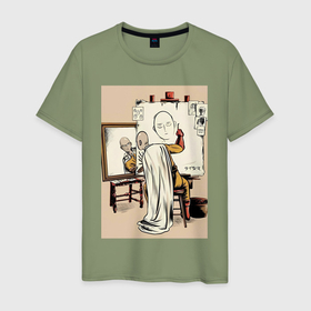 Мужская футболка хлопок с принтом Ванпанчмен Сайтама рисует в Кировске, 100% хлопок | прямой крой, круглый вырез горловины, длина до линии бедер, слегка спущенное плечо. | 