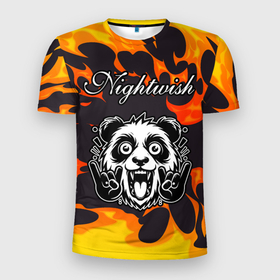 Мужская футболка 3D Slim с принтом Nightwish рок панда и огонь в Тюмени, 100% полиэстер с улучшенными характеристиками | приталенный силуэт, круглая горловина, широкие плечи, сужается к линии бедра | Тематика изображения на принте: 