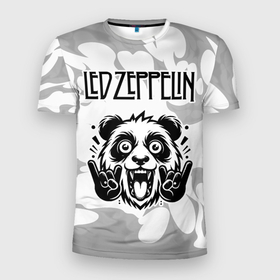 Мужская футболка 3D Slim с принтом Led Zeppelin рок панда на светлом фоне в Санкт-Петербурге, 100% полиэстер с улучшенными характеристиками | приталенный силуэт, круглая горловина, широкие плечи, сужается к линии бедра | Тематика изображения на принте: 
