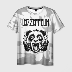 Мужская футболка 3D с принтом Led Zeppelin рок панда на светлом фоне в Петрозаводске, 100% полиэфир | прямой крой, круглый вырез горловины, длина до линии бедер | 