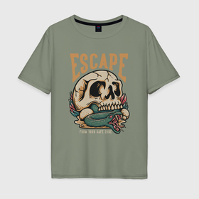 Мужская футболка хлопок Oversize с принтом Skull escape в Кировске, 100% хлопок | свободный крой, круглый ворот, “спинка” длиннее передней части | 