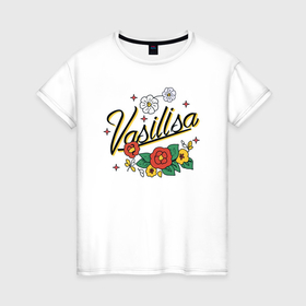 Женская футболка хлопок с принтом Василиса имя надпись в Екатеринбурге, 100% хлопок | прямой крой, круглый вырез горловины, длина до линии бедер, слегка спущенное плечо | 