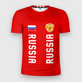Мужская футболка 3D Slim с принтом Россия три полоски на красном фоне в Новосибирске, 100% полиэстер с улучшенными характеристиками | приталенный силуэт, круглая горловина, широкие плечи, сужается к линии бедра | 