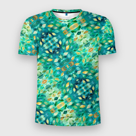 Мужская футболка 3D Slim с принтом Изумрудная акварельная весенняя листва в Екатеринбурге, 100% полиэстер с улучшенными характеристиками | приталенный силуэт, круглая горловина, широкие плечи, сужается к линии бедра | 