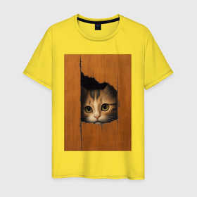 Мужская футболка хлопок с принтом Маленький котенок выглядывает из дырки в стене , 100% хлопок | прямой крой, круглый вырез горловины, длина до линии бедер, слегка спущенное плечо. | 
