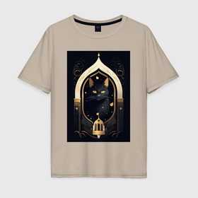 Мужская футболка хлопок Oversize с принтом Черная кошка с золотыми  элементами в Санкт-Петербурге, 100% хлопок | свободный крой, круглый ворот, “спинка” длиннее передней части | 