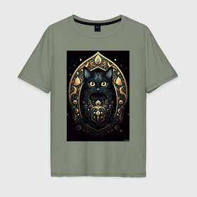 Мужская футболка хлопок Oversize с принтом Черная кошка  с золотыми  элементами в Санкт-Петербурге, 100% хлопок | свободный крой, круглый ворот, “спинка” длиннее передней части | 