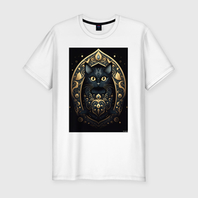 Мужская футболка хлопок Slim с принтом Черная кошка  с золотыми  элементами в Новосибирске, 92% хлопок, 8% лайкра | приталенный силуэт, круглый вырез ворота, длина до линии бедра, короткий рукав | 