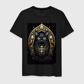 Мужская футболка хлопок с принтом Черная кошка  с золотыми  элементами в Санкт-Петербурге, 100% хлопок | прямой крой, круглый вырез горловины, длина до линии бедер, слегка спущенное плечо. | 