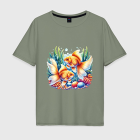 Мужская футболка хлопок Oversize с принтом Золотые рыбки в подводном мире , 100% хлопок | свободный крой, круглый ворот, “спинка” длиннее передней части | 