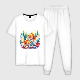 Мужская пижама хлопок с принтом Золотые рыбки в подводном мире , 100% хлопок | брюки и футболка прямого кроя, без карманов, на брюках мягкая резинка на поясе и по низу штанин
 | 