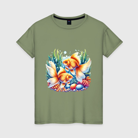 Женская футболка хлопок с принтом Золотые рыбки в подводном мире , 100% хлопок | прямой крой, круглый вырез горловины, длина до линии бедер, слегка спущенное плечо | 