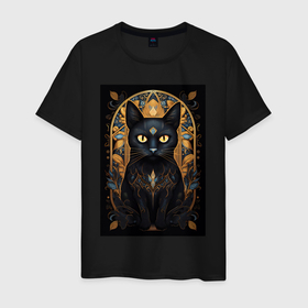 Мужская футболка хлопок с принтом Черная  кошка с золотыми  элементами в Санкт-Петербурге, 100% хлопок | прямой крой, круглый вырез горловины, длина до линии бедер, слегка спущенное плечо. | Тематика изображения на принте: 
