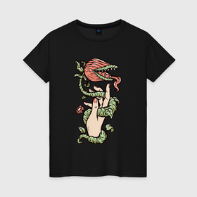 Женская футболка хлопок с принтом Хищное растение в Кировске, 100% хлопок | прямой крой, круглый вырез горловины, длина до линии бедер, слегка спущенное плечо | 