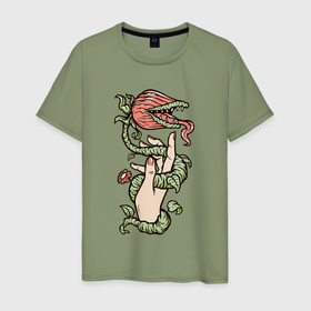Мужская футболка хлопок с принтом Хищное растение в Тюмени, 100% хлопок | прямой крой, круглый вырез горловины, длина до линии бедер, слегка спущенное плечо. | 