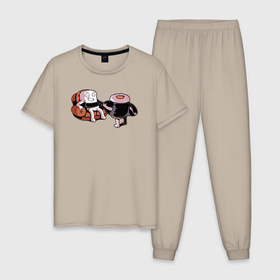 Мужская пижама хлопок с принтом Sushi party в Санкт-Петербурге, 100% хлопок | брюки и футболка прямого кроя, без карманов, на брюках мягкая резинка на поясе и по низу штанин
 | Тематика изображения на принте: 