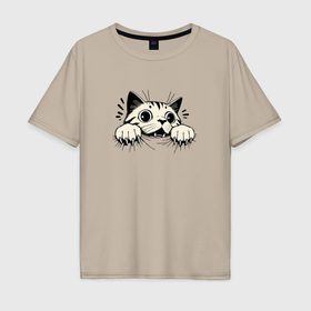 Мужская футболка хлопок Oversize с принтом Испуганный кот вцепился когтями в Курске, 100% хлопок | свободный крой, круглый ворот, “спинка” длиннее передней части | 