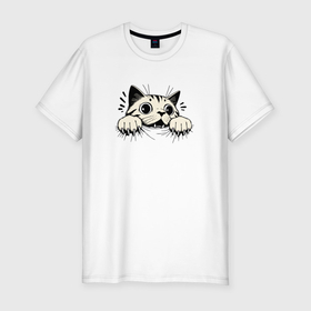 Мужская футболка хлопок Slim с принтом Испуганный кот вцепился когтями в Екатеринбурге, 92% хлопок, 8% лайкра | приталенный силуэт, круглый вырез ворота, длина до линии бедра, короткий рукав | 