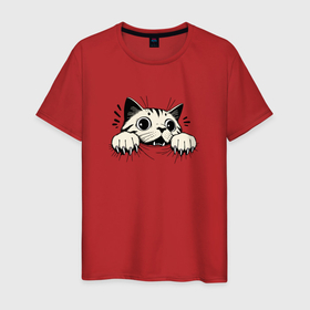Мужская футболка хлопок с принтом Испуганный кот вцепился когтями в Екатеринбурге, 100% хлопок | прямой крой, круглый вырез горловины, длина до линии бедер, слегка спущенное плечо. | 