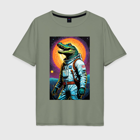 Мужская футболка хлопок Oversize с принтом Крокодил космонавт   нейросеть в Курске, 100% хлопок | свободный крой, круглый ворот, “спинка” длиннее передней части | Тематика изображения на принте: 