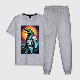 Мужская пижама хлопок с принтом Крокодил космонавт   нейросеть в Екатеринбурге, 100% хлопок | брюки и футболка прямого кроя, без карманов, на брюках мягкая резинка на поясе и по низу штанин
 | Тематика изображения на принте: 