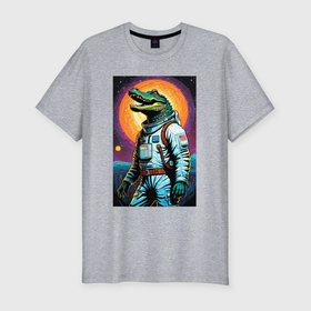 Мужская футболка хлопок Slim с принтом Крокодил космонавт   нейросеть в Курске, 92% хлопок, 8% лайкра | приталенный силуэт, круглый вырез ворота, длина до линии бедра, короткий рукав | 