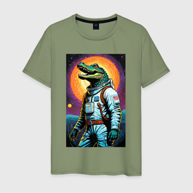 Мужская футболка хлопок с принтом Крокодил космонавт   нейросеть в Екатеринбурге, 100% хлопок | прямой крой, круглый вырез горловины, длина до линии бедер, слегка спущенное плечо. | Тематика изображения на принте: 