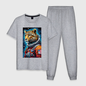 Мужская пижама хлопок с принтом Леопард бравый космонавт   нейросеть в Санкт-Петербурге, 100% хлопок | брюки и футболка прямого кроя, без карманов, на брюках мягкая резинка на поясе и по низу штанин
 | 