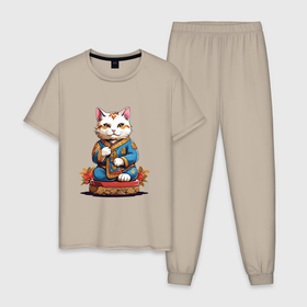Мужская пижама хлопок с принтом Кот удачи манеки неко в Новосибирске, 100% хлопок | брюки и футболка прямого кроя, без карманов, на брюках мягкая резинка на поясе и по низу штанин
 | 