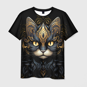 Мужская футболка 3D с принтом Черная кошка с золотыми узорами в Белгороде, 100% полиэфир | прямой крой, круглый вырез горловины, длина до линии бедер | 