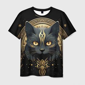 Мужская футболка 3D с принтом Черная кошка с золотыми  узорами в Белгороде, 100% полиэфир | прямой крой, круглый вырез горловины, длина до линии бедер | 