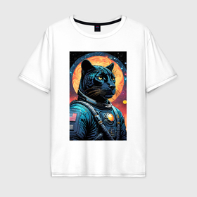 Мужская футболка хлопок Oversize с принтом Пантера бравый космонавт   нейросеть в Екатеринбурге, 100% хлопок | свободный крой, круглый ворот, “спинка” длиннее передней части | 