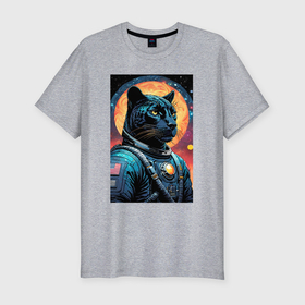 Мужская футболка хлопок Slim с принтом Пантера бравый космонавт   нейросеть в Санкт-Петербурге, 92% хлопок, 8% лайкра | приталенный силуэт, круглый вырез ворота, длина до линии бедра, короткий рукав | 