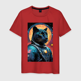 Мужская футболка хлопок с принтом Пантера бравый космонавт   нейросеть в Петрозаводске, 100% хлопок | прямой крой, круглый вырез горловины, длина до линии бедер, слегка спущенное плечо. | 